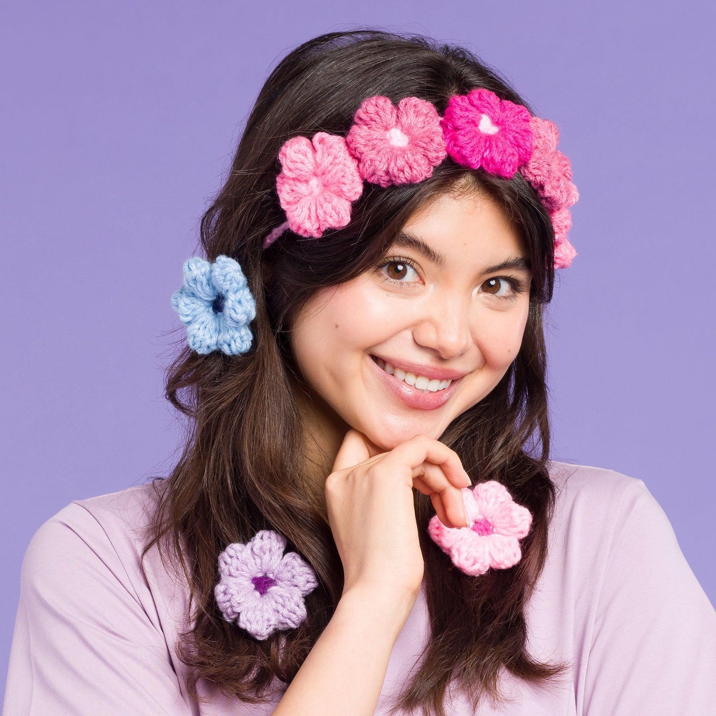 Red Heart Puffy Flower Crochet Hairband & Hair Clips