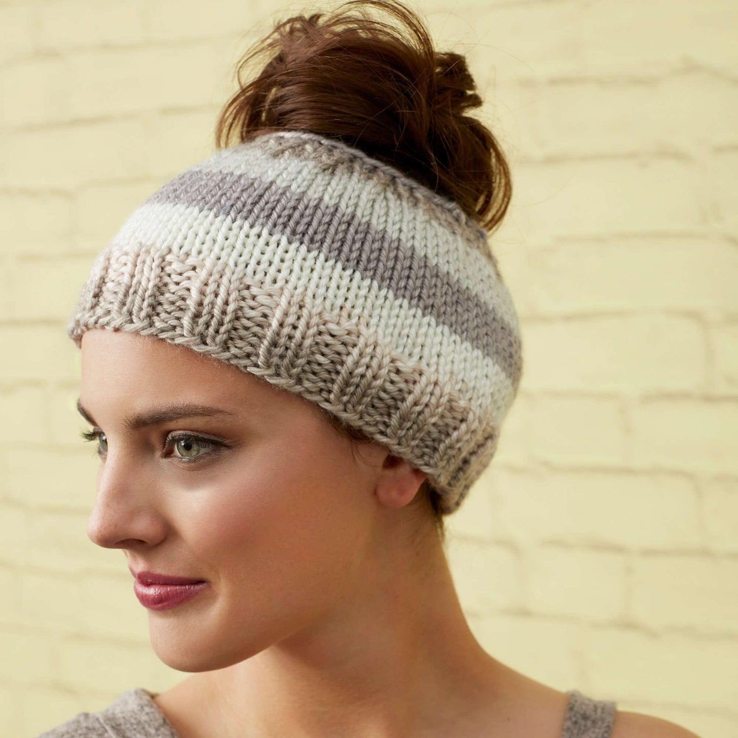 Red Heart Knit Striping Messy Bun Hat