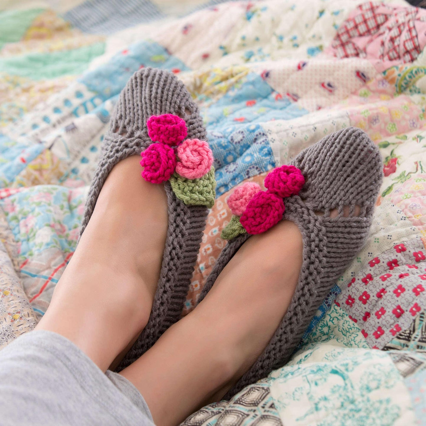 Red Heart Knit Slippers For Her