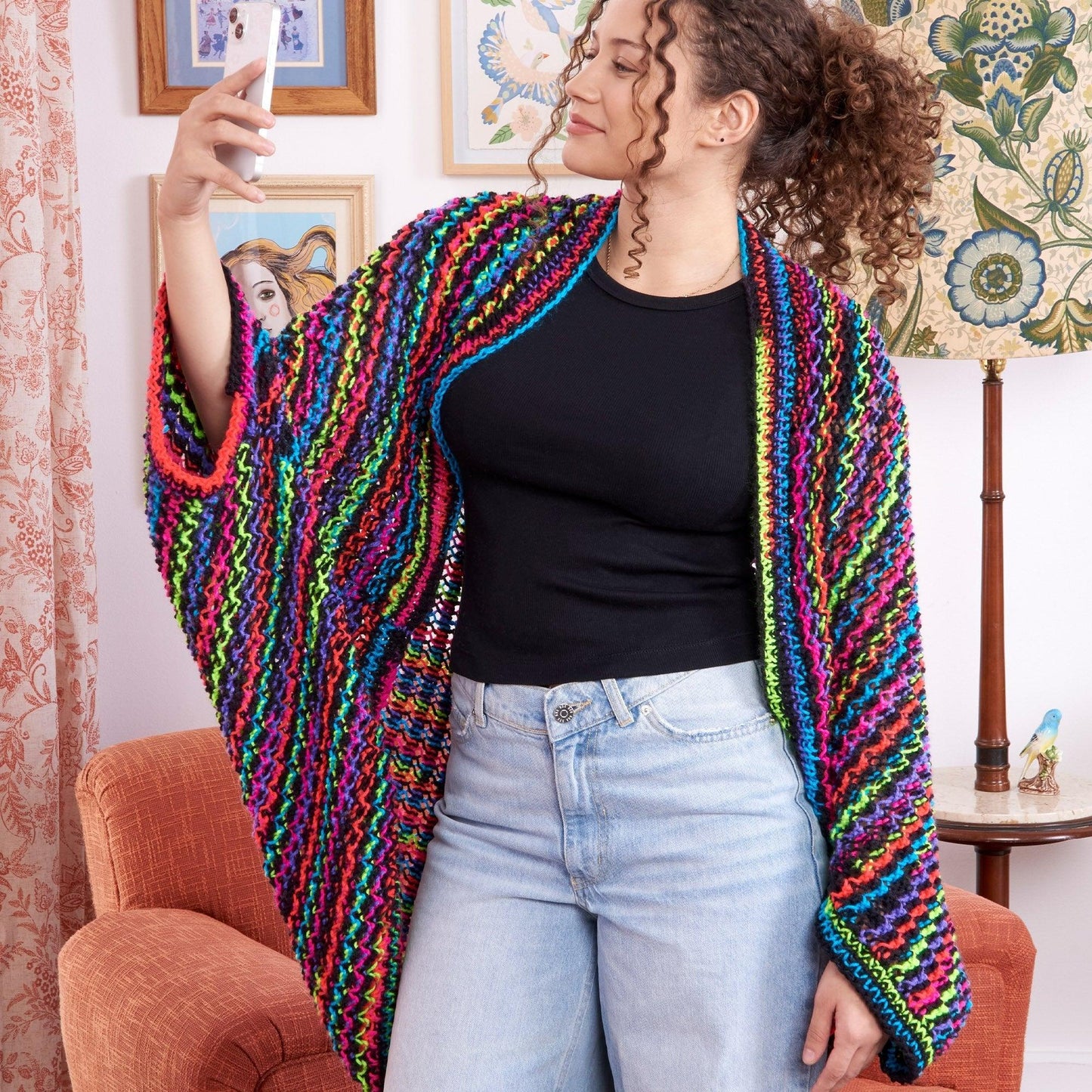 Red Heart Spectrum Striped Snuggle Knit Cocoon Cardi