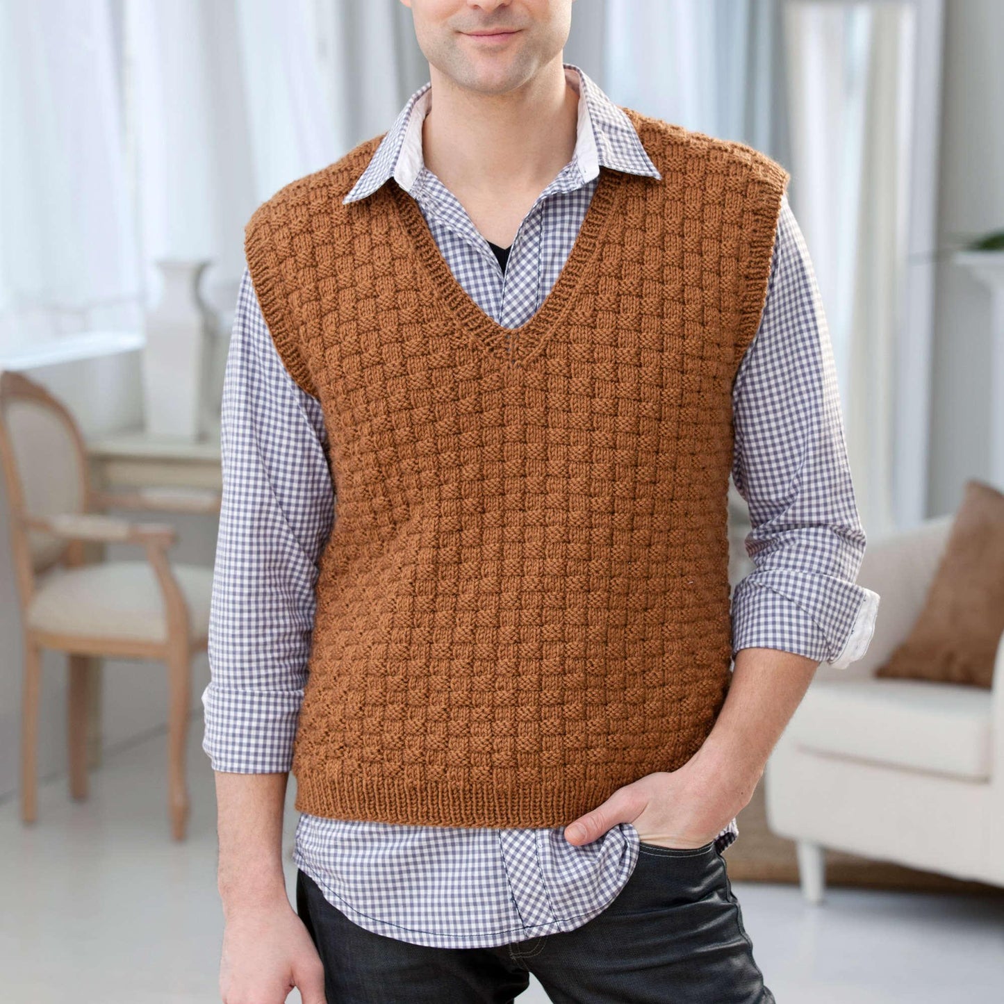 Red Heart Knit Men's Basketweave Vest