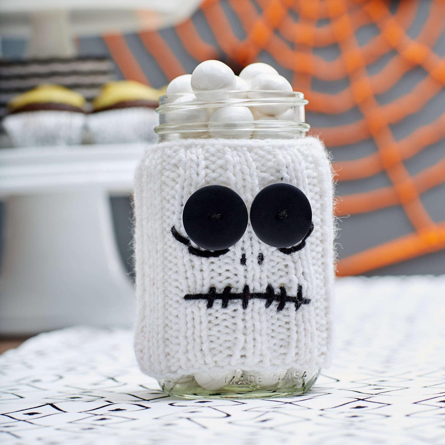 Red Heart Knit Spooky Skeleton Jar Cozy